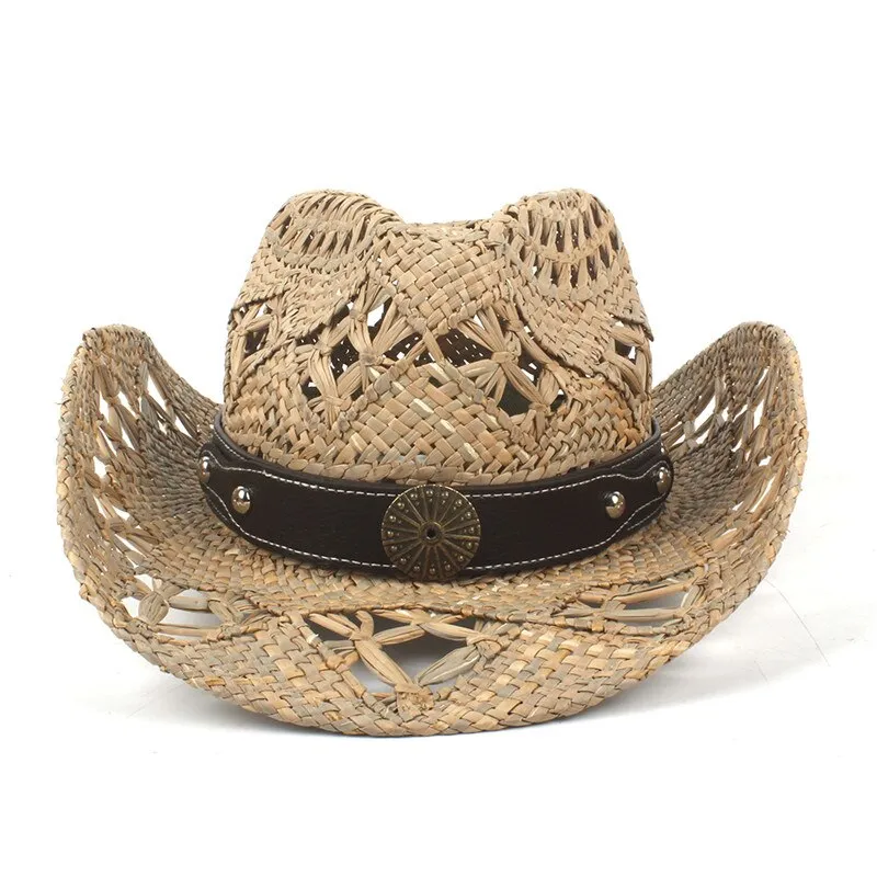 100% Natural Straw Cowboy Hat Women Men Handmade Weave Cowboy Hats