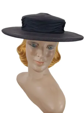 40s/50s Navy Blue Straw Boater Hat