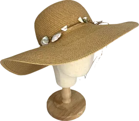 Beige Wide Brim Straw Hat With Shell Detail One Size