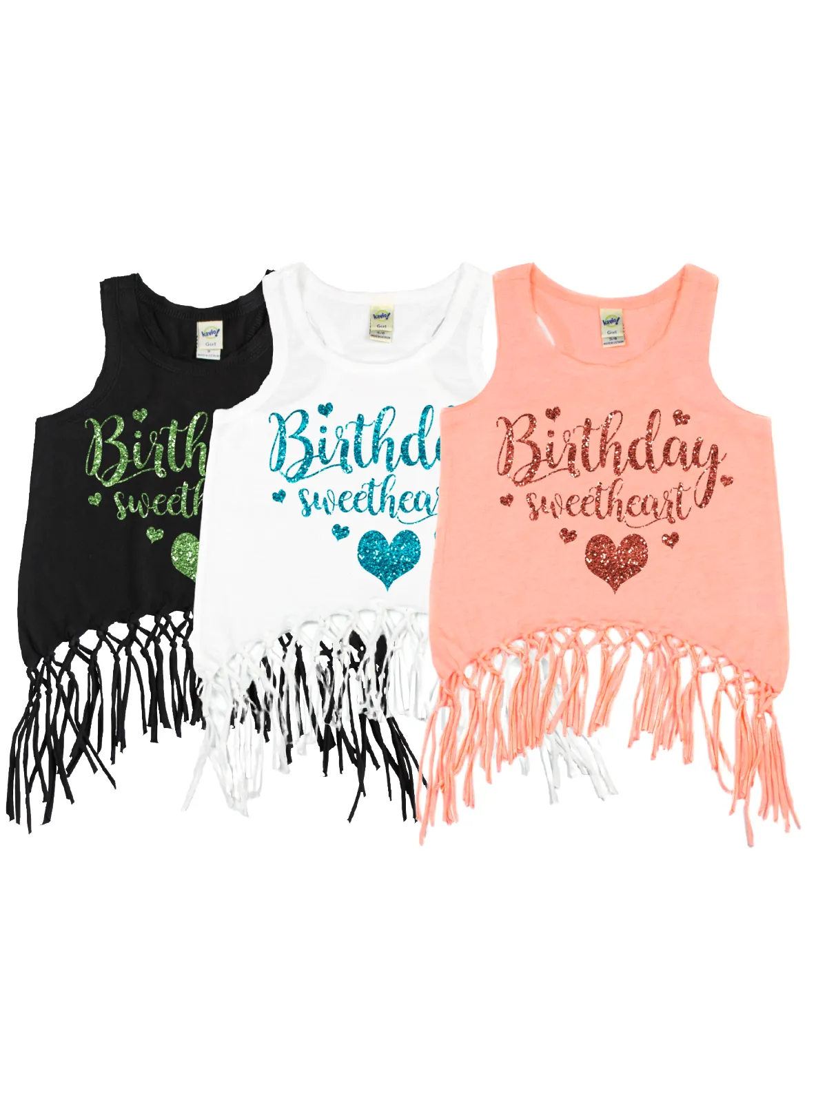 Birthday Sweetheart Sleeveless Fringe Shirts - Black, White, Peach