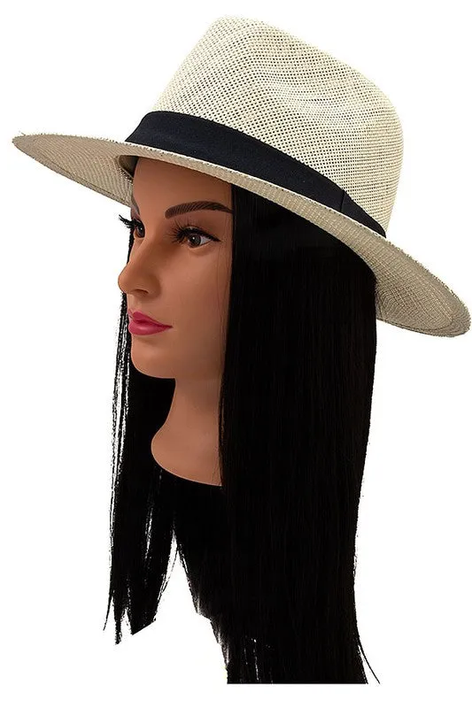 BLACK BAND ACCENT STRAW FEDORA SUN HAT -2 colors