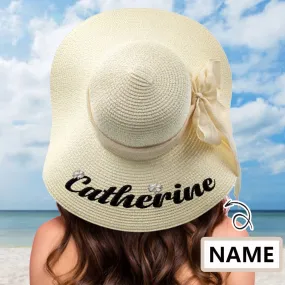 Custom Embroidery Name White Wide Brim Straw Hat For Women Outdoor Summer Beach Cap Bride Hat