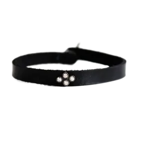 Diamond Silver Cross Black Leather Bracelet