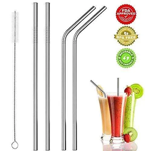 KITCHEN MART Reusable Stainless Steel Drinking Straws(2 Straight, 2 Bend and 1 Cleaning Brush)