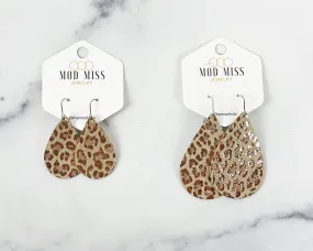 Leather Teardrop Earring Leopard Rose Gold on Beige