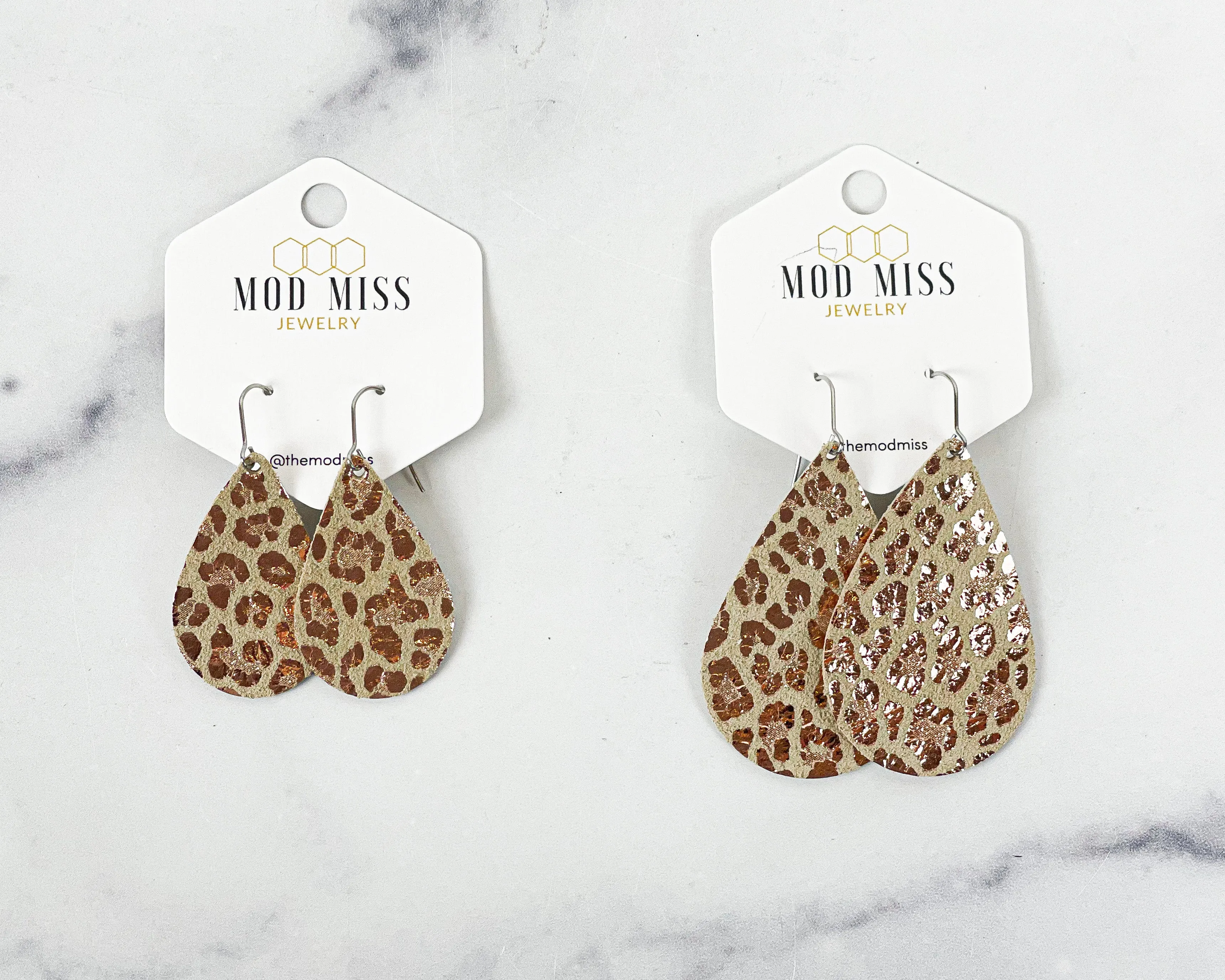 Leather Teardrop Earring Leopard Rose Gold on Beige