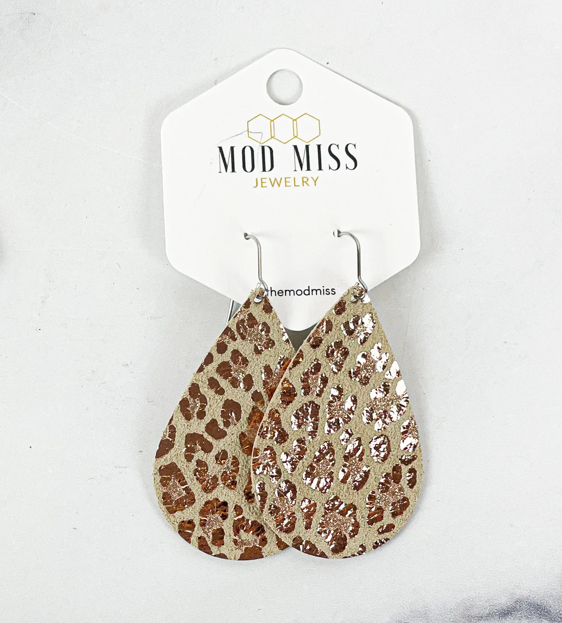 Leather Teardrop Earring Leopard Rose Gold on Beige