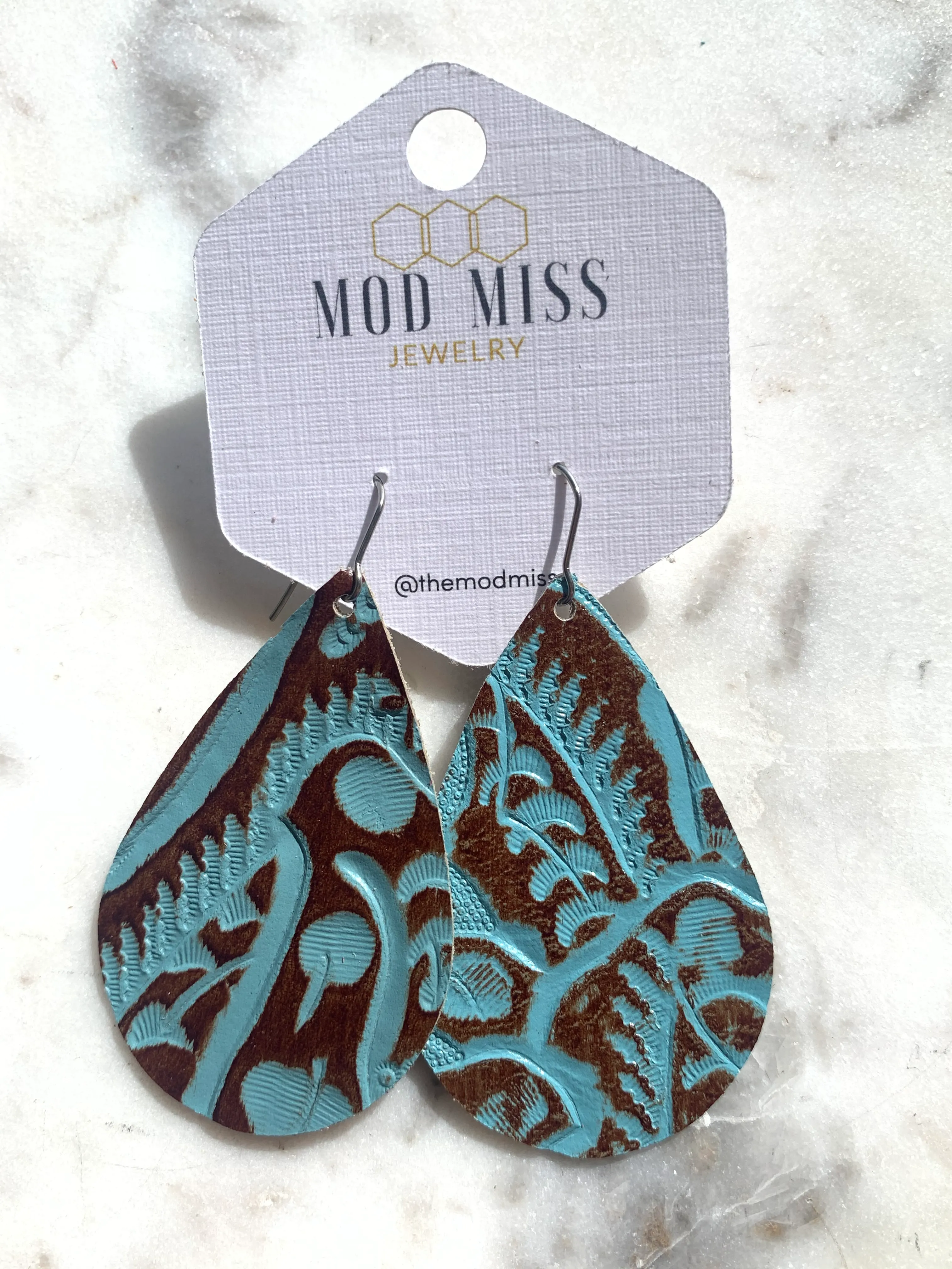 Leather Teardrop Earring Turquoise Paisley