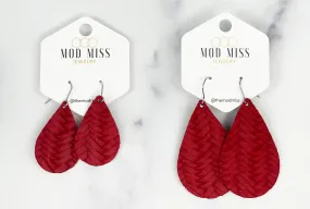 Leather Teardrop Earring Weaved Red