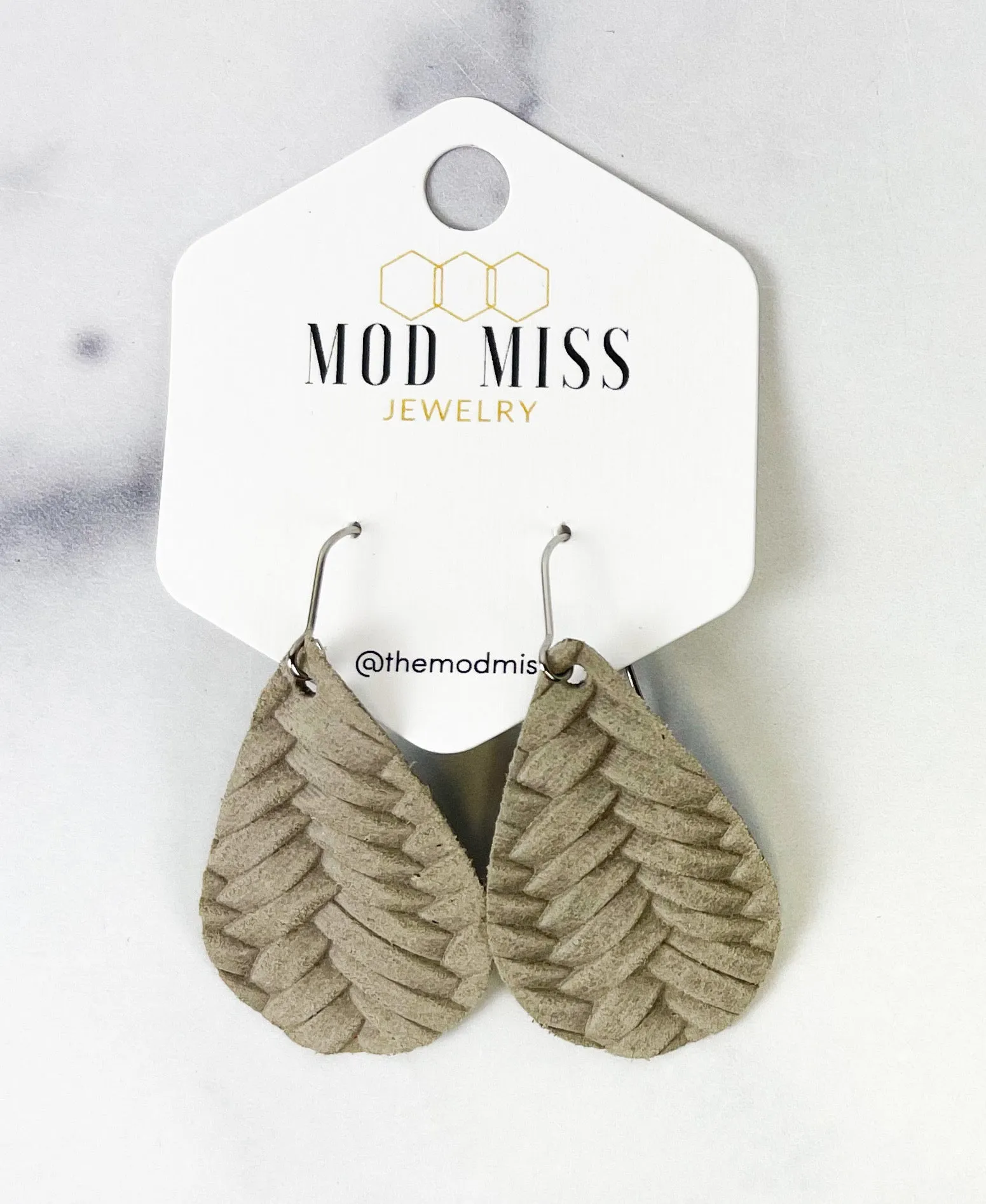 Leather Teardrop Earring Weaved Stonewashed Gray