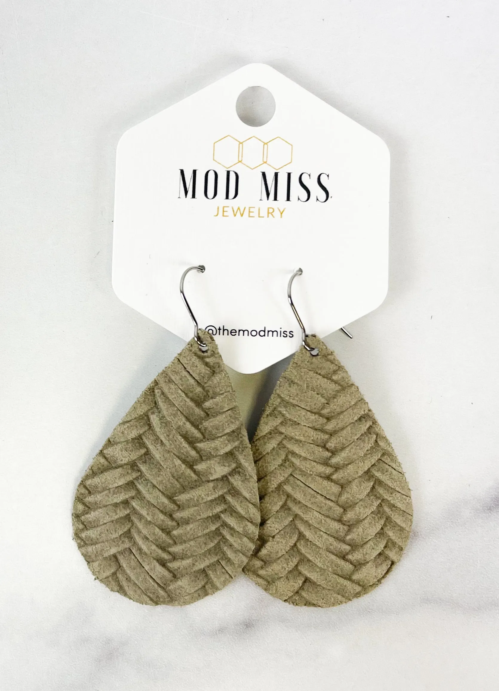 Leather Teardrop Earring Weaved Stonewashed Gray