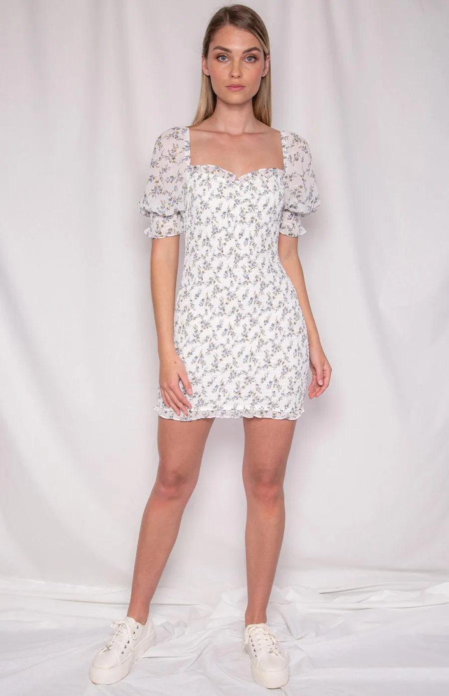 Magie Shirred Dress - White Print