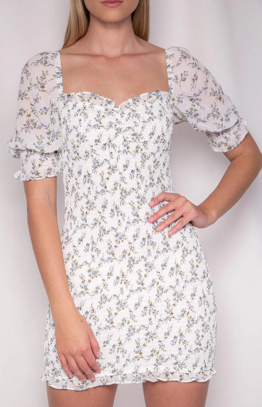 Magie Shirred Dress - White Print