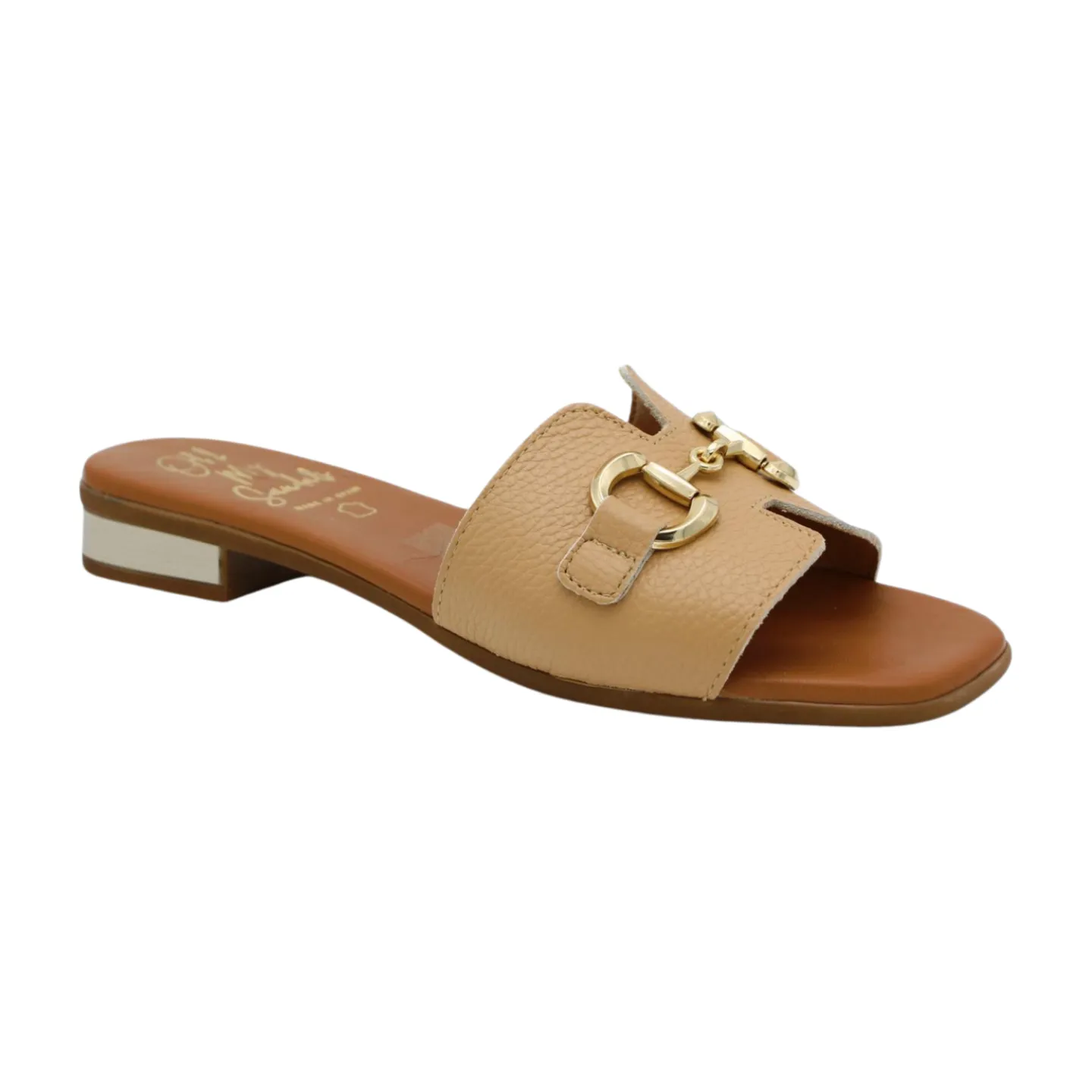 OH MY SANDALS Camel Leather Slider Sandal