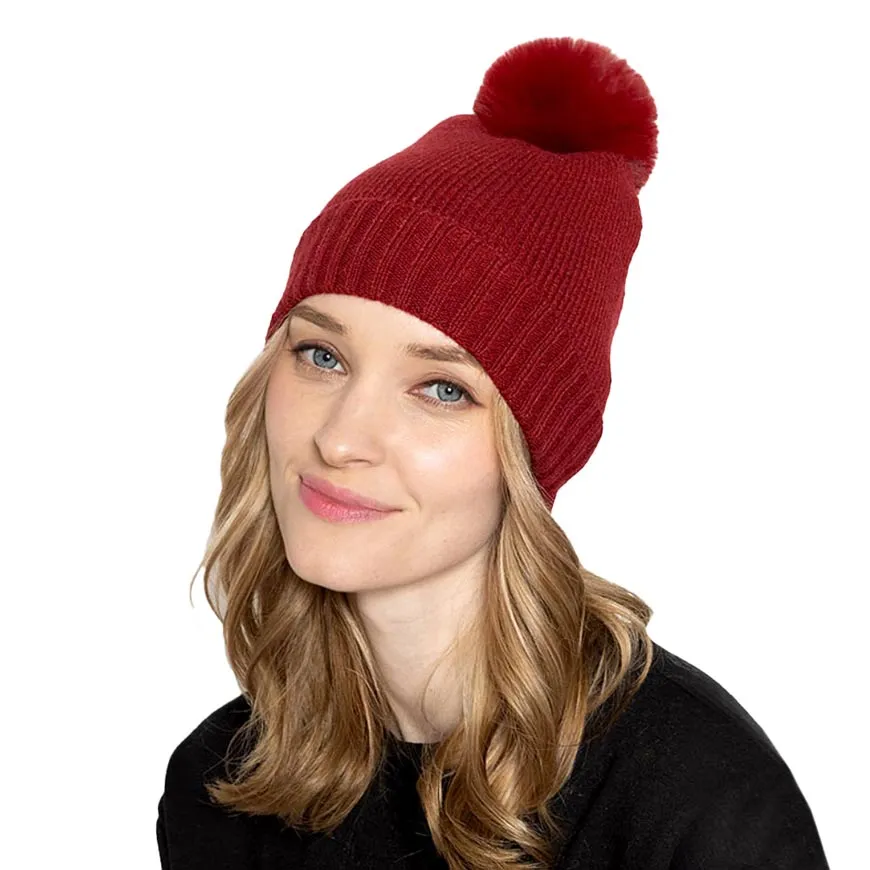 Solid Knit Beanie Hat With Faux Fur Pom