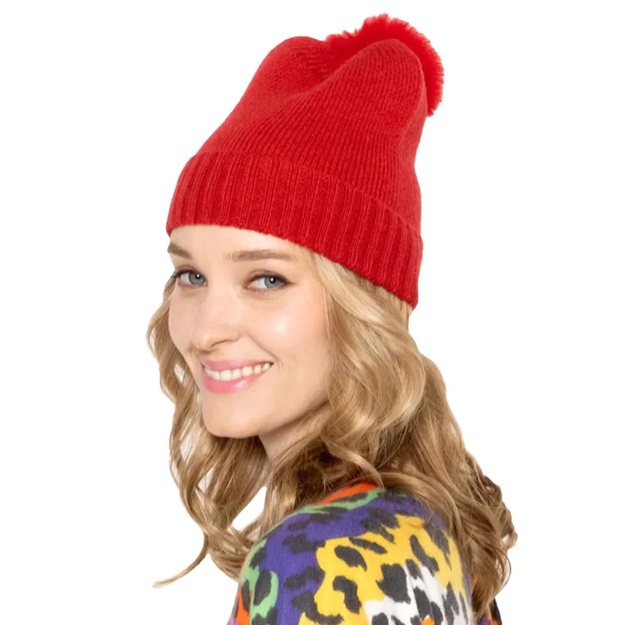 Solid Knit Beanie Hat With Faux Fur Pom