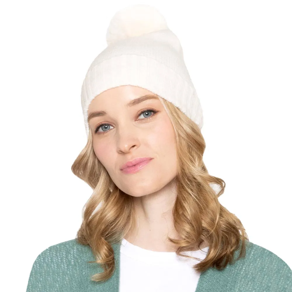 Solid Knit Beanie Hat With Faux Fur Pom