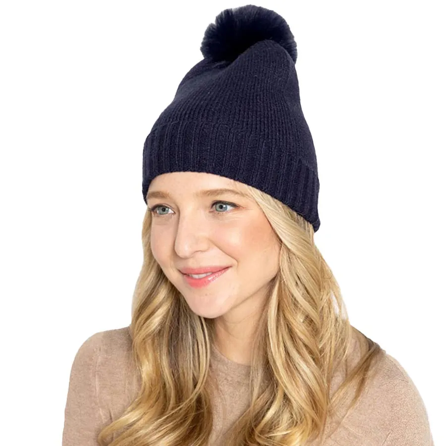 Solid Knit Beanie Hat With Faux Fur Pom