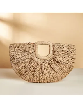 Straw Half Moon Clutch, Taupe