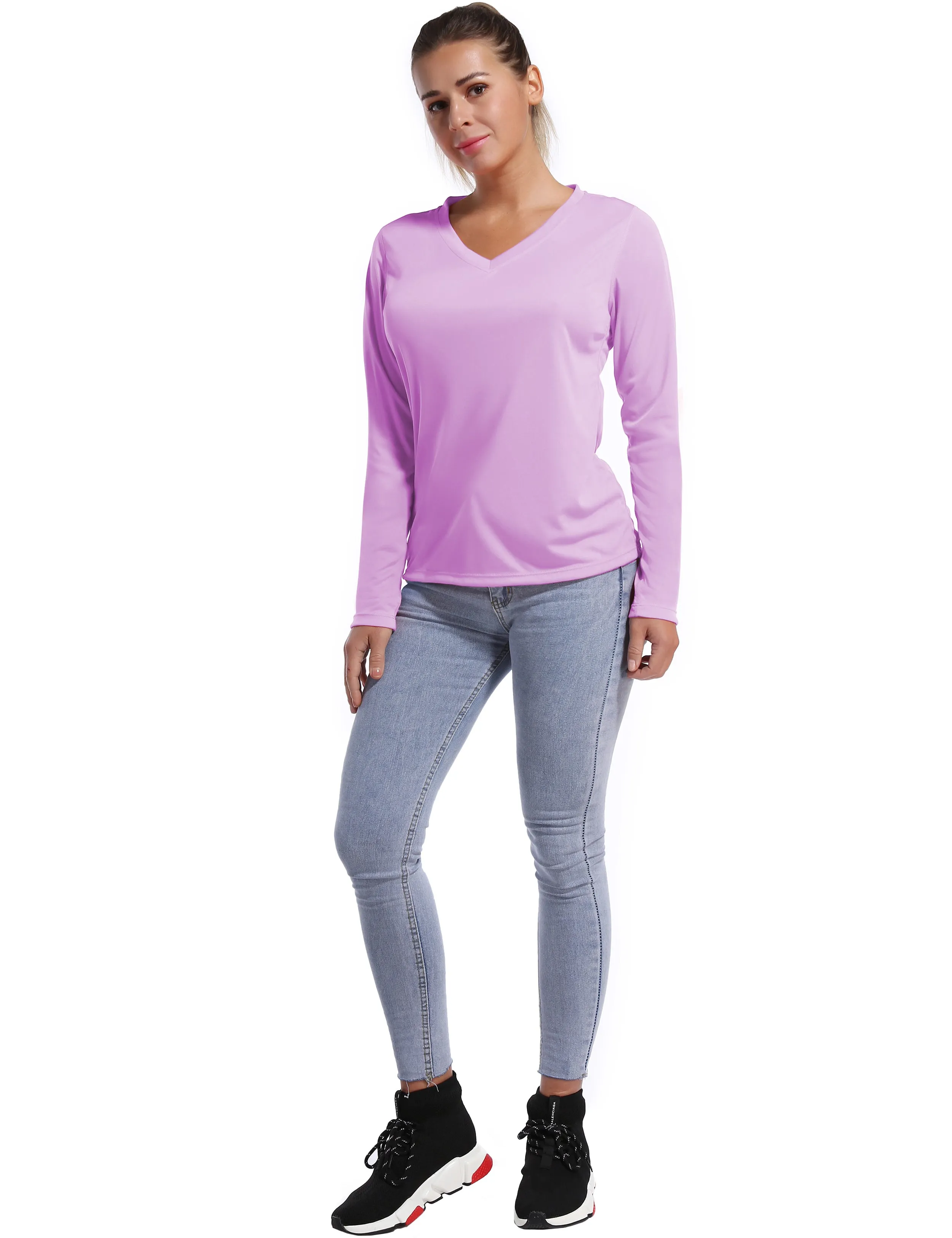 V Neck Long Sleeve Athletic Shirts purple