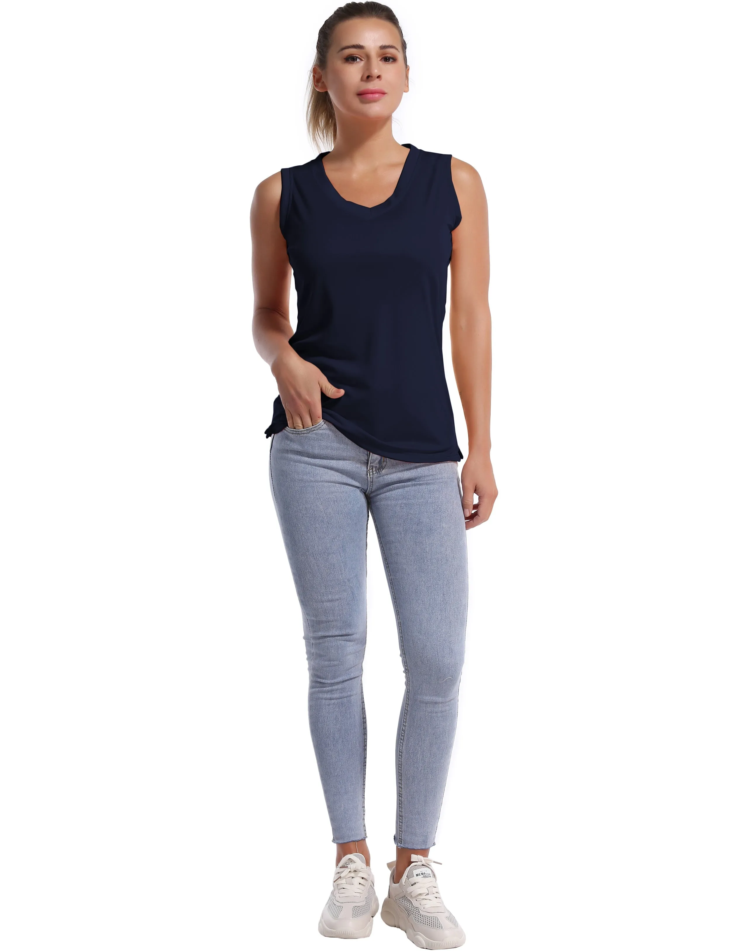 V Neck Sleeveless Athletic Shirts darknavy_yogastudio