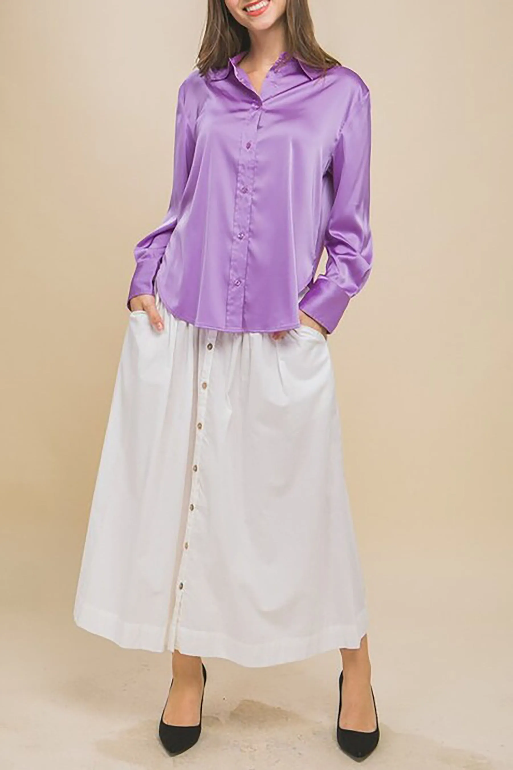 Women's  Casual Long Sleeve Button Down Satin Shirts